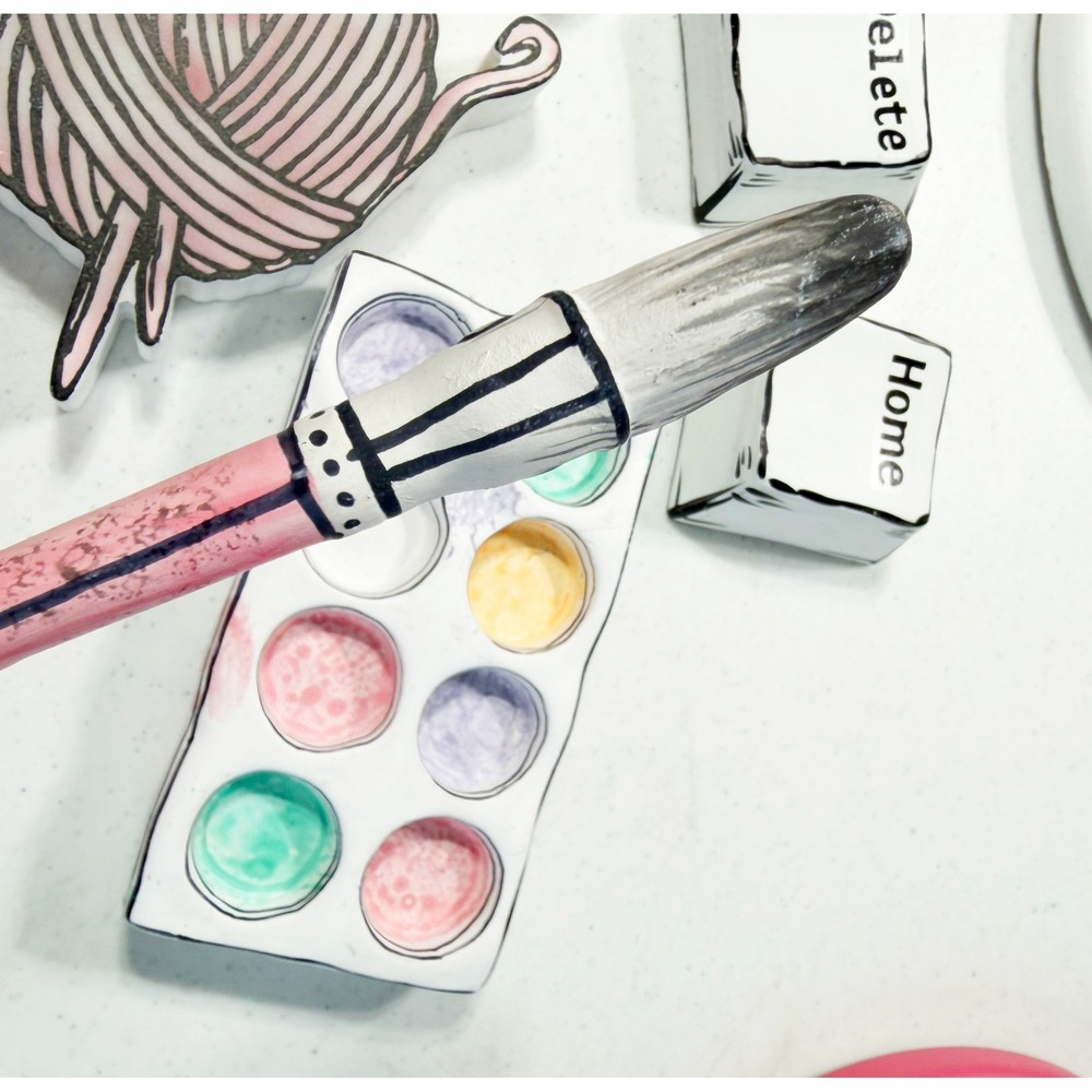 Art Wall Décor Paint Brush Keyboard Yarn Knit Buttons 8 Pieces 3D Easy Hang - Picture 6 of 10